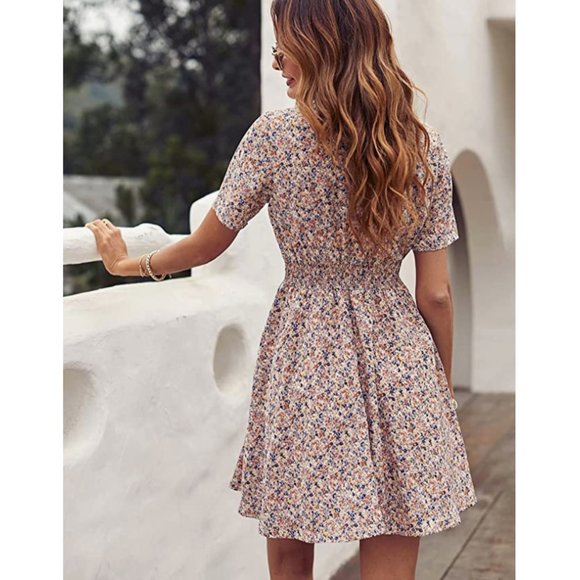 Multicolor Floral Printed A-Line Belted Mock Turtleneck Short Sleeve Mini Dress - Picture 4 of 8